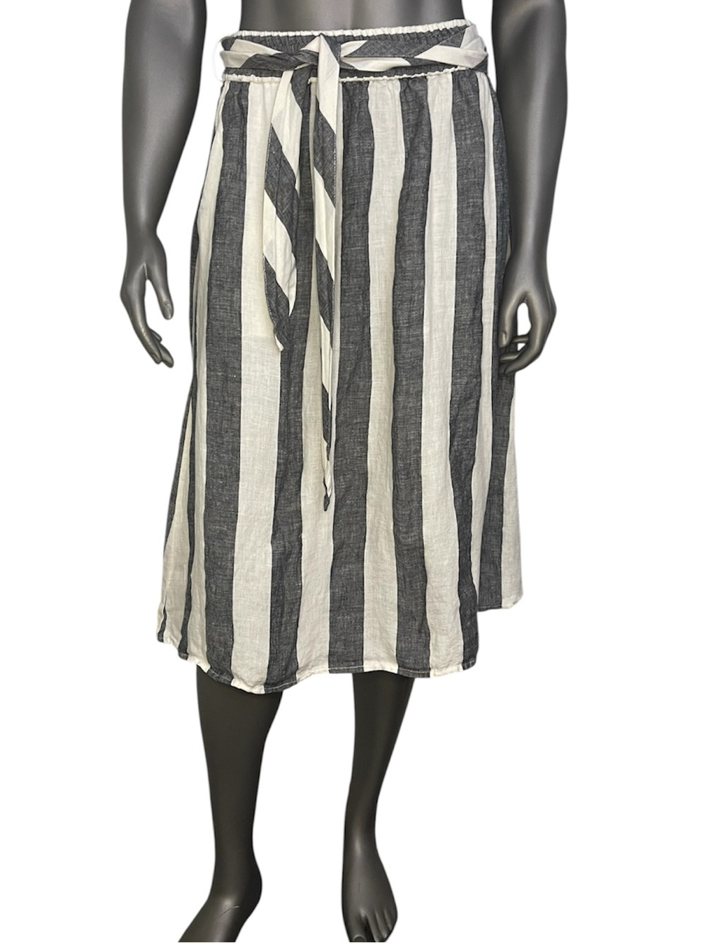 Catherine Malandrino Skirt Women’s L 100% Linen Striped Gray & White Tie Belt